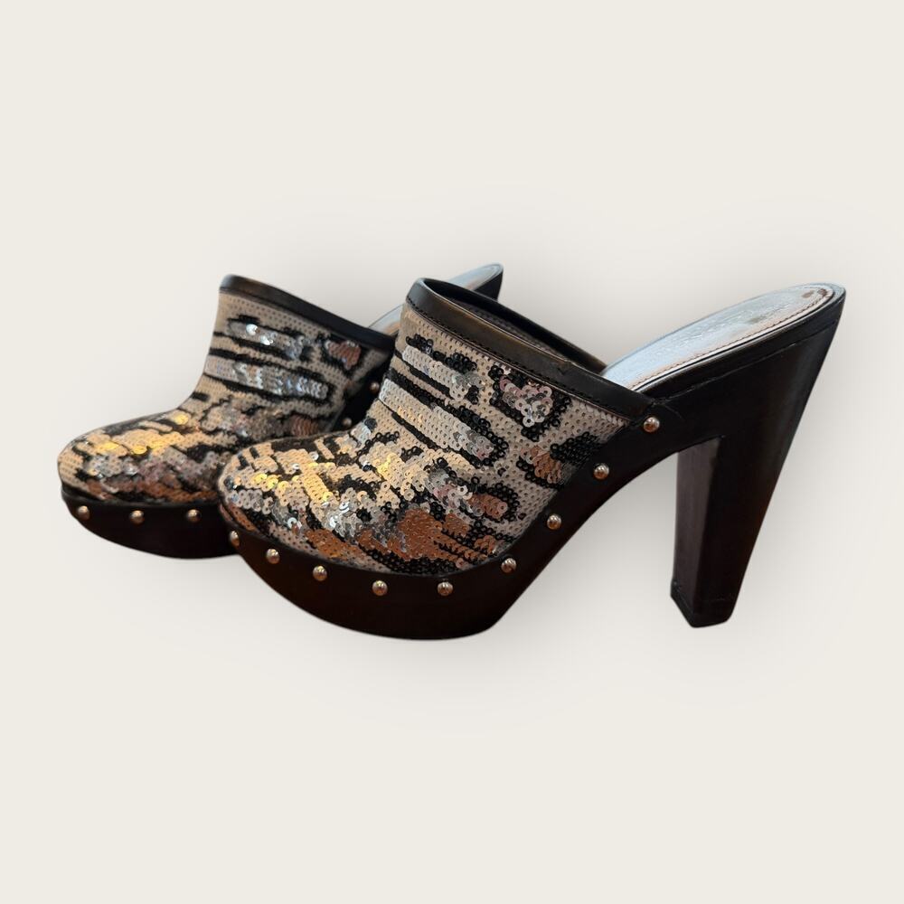 Vintage Coach Bacall Leopard Sequin Platform Clogs - Picture 2 of 6